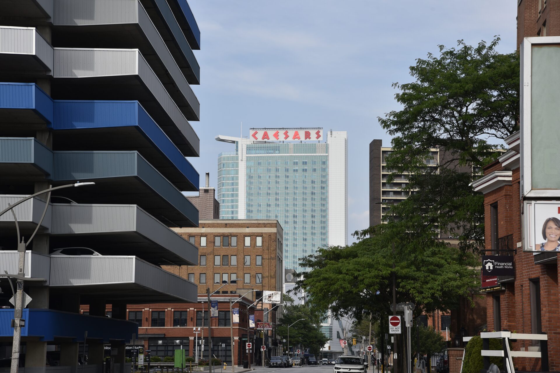 Downtown Windsor street with the Caesars Windsor casino tower in the background